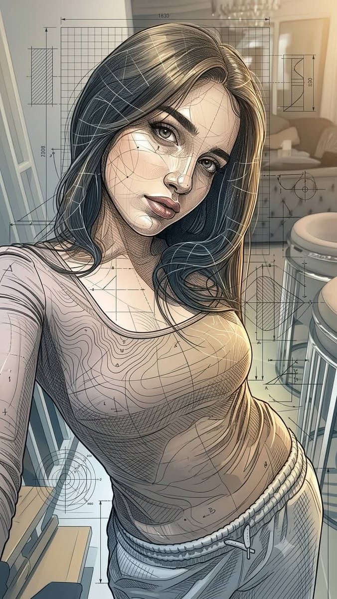 Elegant parametric blueprint woman glows with warm golden wireframe light