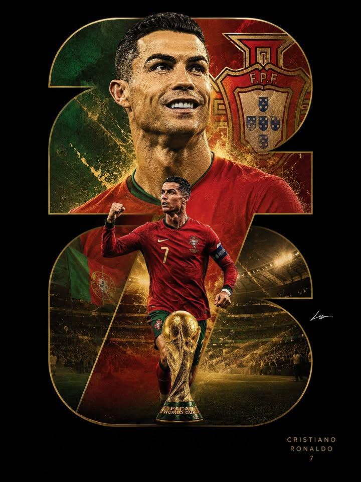 Soccer star smiles in red jersey with golden trophy below