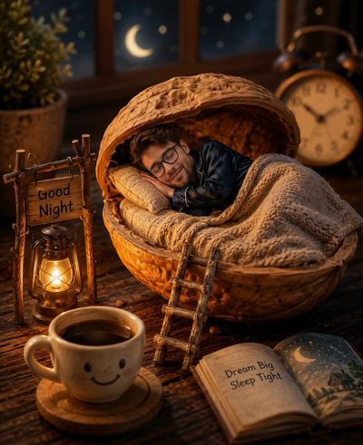 Tiny man sleeps in walnut shell bed under warm lantern light