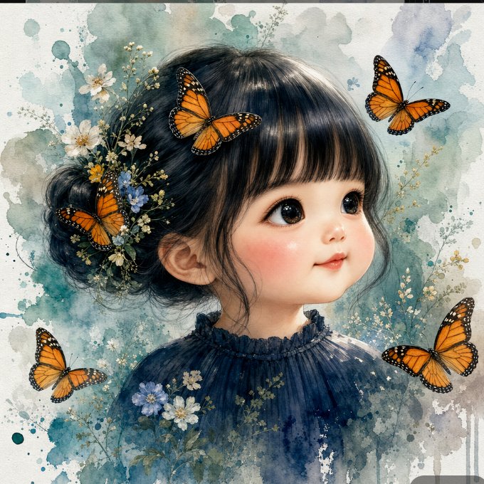 A chibi toddler with glossy eyes floats among dreamy monarch butterflies