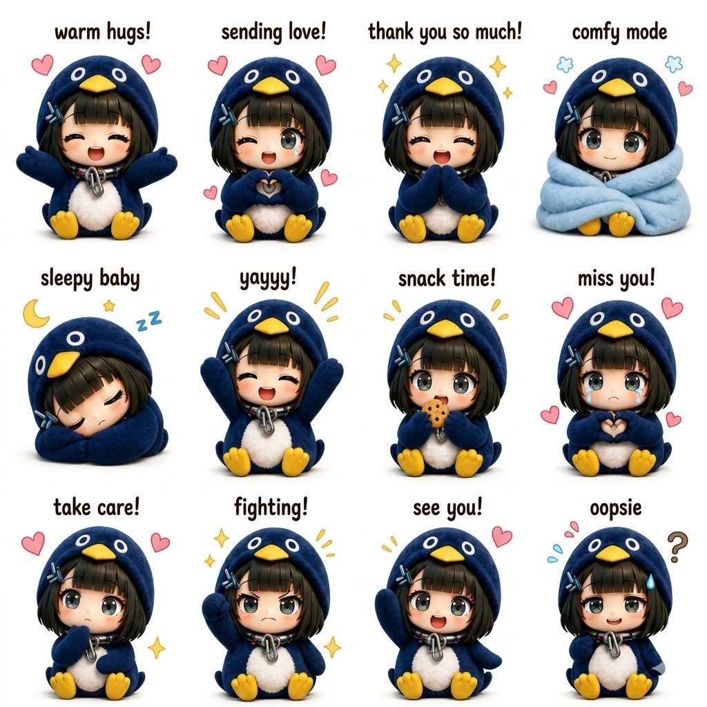 Adorable chibi girl in penguin hoodie shows playful emotions on sticker sheet.
