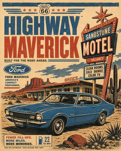 A vintage Chevrolet Bel Air cruises past a desert diner at dusk