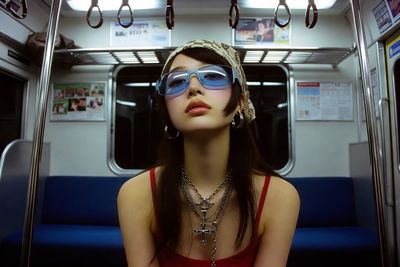 A Japanese model poses in a train with vintage sunglasses