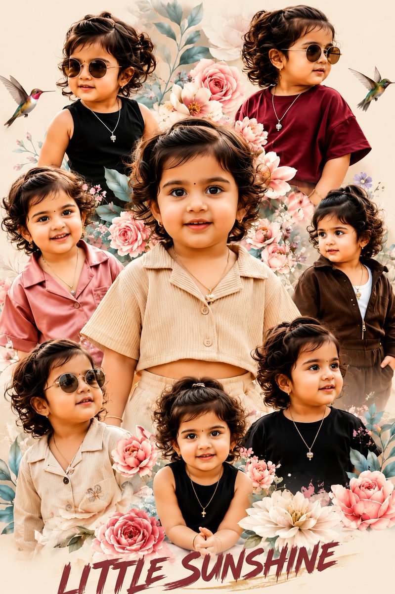 A curly-haired toddler smiles in a dreamy floral collage portrait.