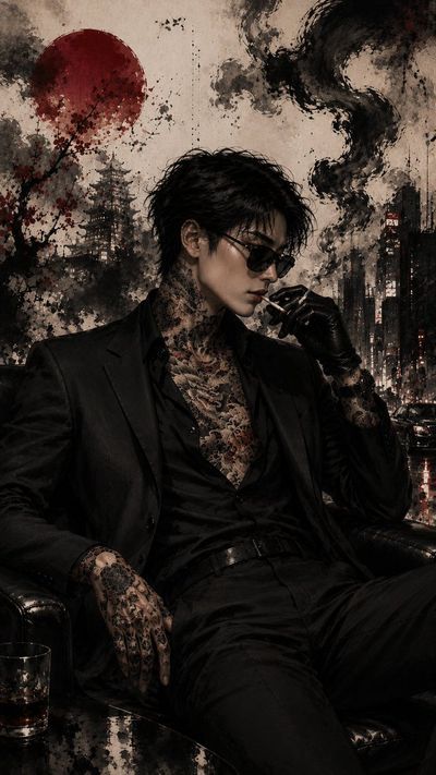A man in a tailored black suit exhales smoke into ink strokes