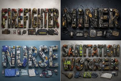 A welder's mask and tools form the word in 3D typography