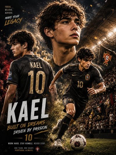 A football superstar stands tall in a dramatic triple-exposure poster