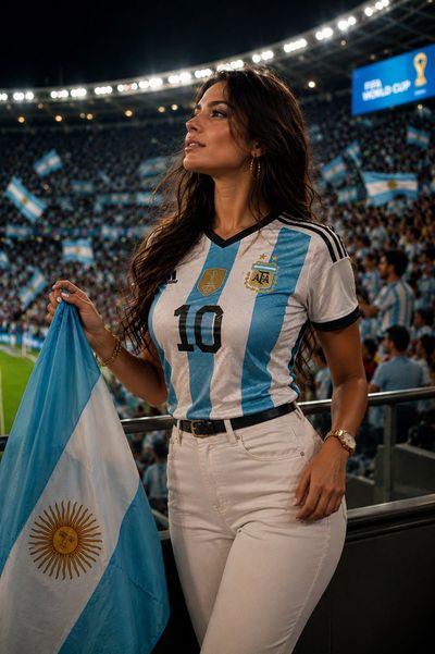 Argentina fan leans against glass rail in stadium luxury