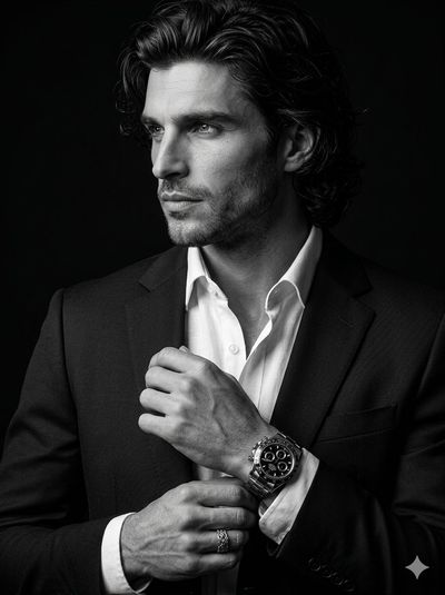 Professional man adjusts silver watch in dramatic black-and-white portrait