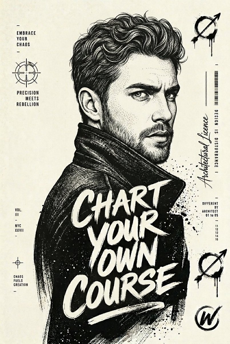 Intense ink portrait with bold white brush typography on cream paper