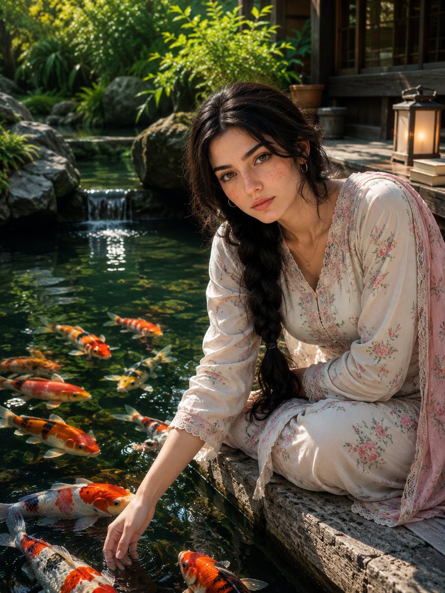 Portrait of a girl touching koi fish in a serene garden