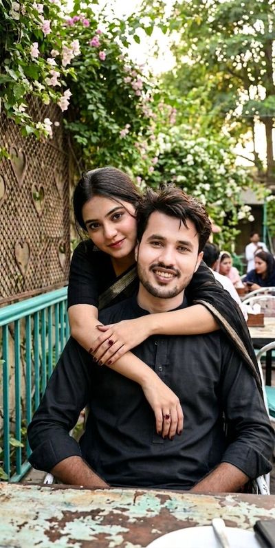 Young Pakistani couple share a joyful smile at a lush garden cafe
