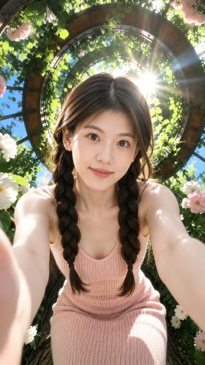 Sunlit garden selfie captures dreamy summer romance through wide-angle lens