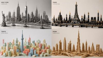 Paperclips bend into the New York skyline in a macro photo