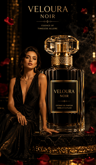 A radiant model holds the sleek perfume bottle in golden light.