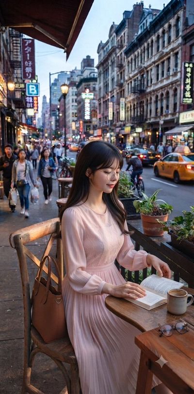 Young woman reads book at outdoor café table at twilight