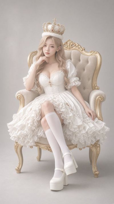Elegant blonde woman in white Lolita dress sits on velvet armchair