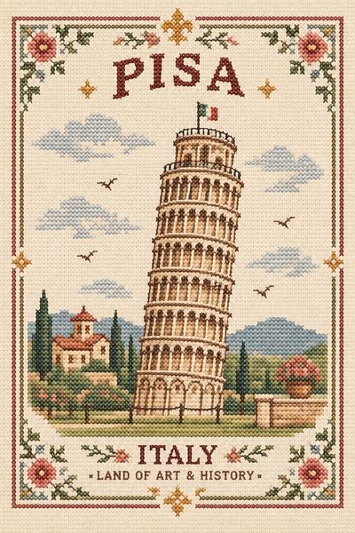 Vintage cross-stitch city landmark on warm ivory linen fabric