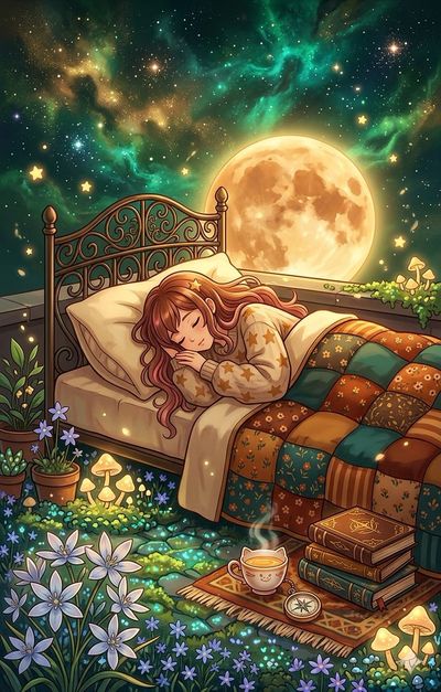 A girl sleeps beneath a cosmic night sky with glowing mushrooms