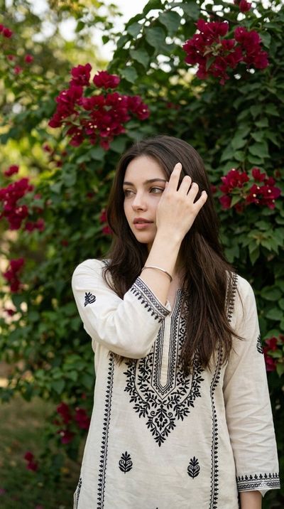Young woman in embroidered kurti hides face beside bougainvillea bush