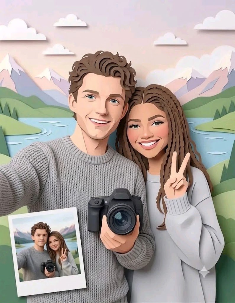Tom and Zendaya share a warm moment in paper-cut diorama