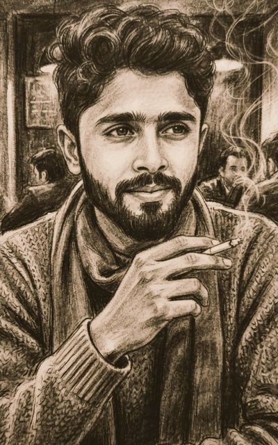 A young man in a cafe smokes thoughtfully in charcoal