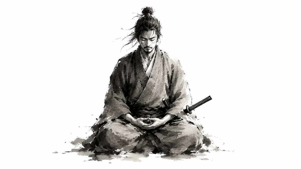 A cat sits peacefully among flowing black ink strokes