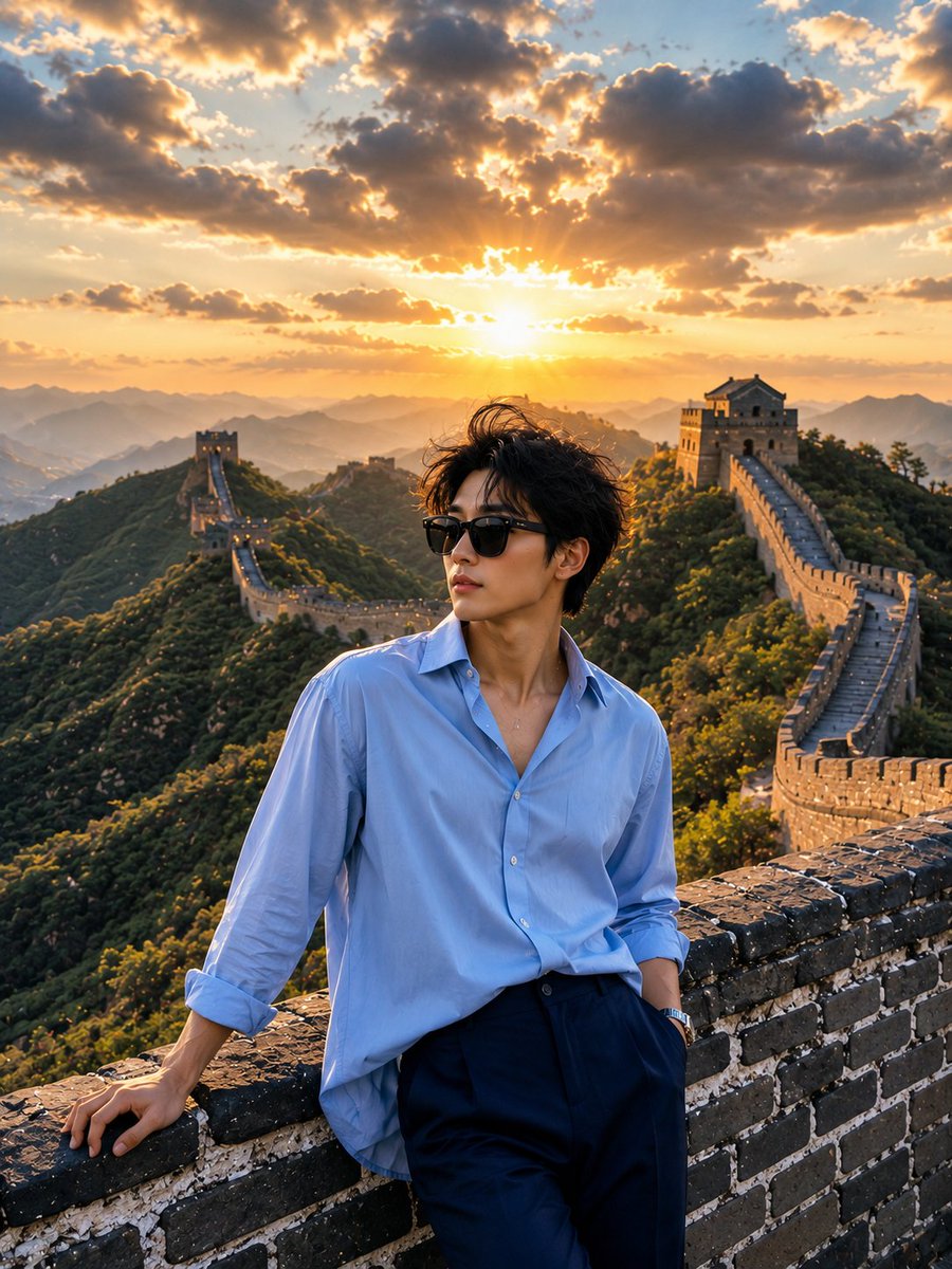 Woman in blue shirt leans on Great Wall at golden sunset