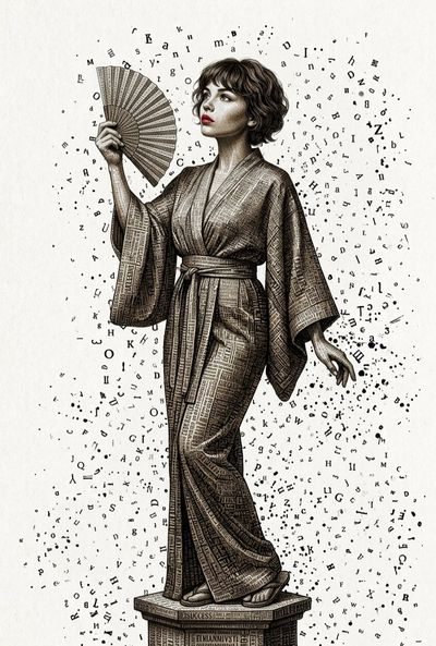 Text-clad woman with red lips stands on pedestal holding fan