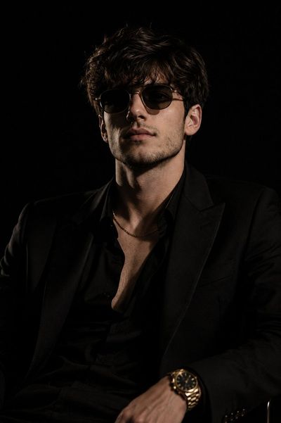 A stylish man in a black suit poses against a dark background
