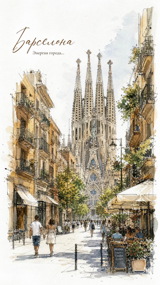 A charming European street scene with outdoor cafés and strolling pedestrians