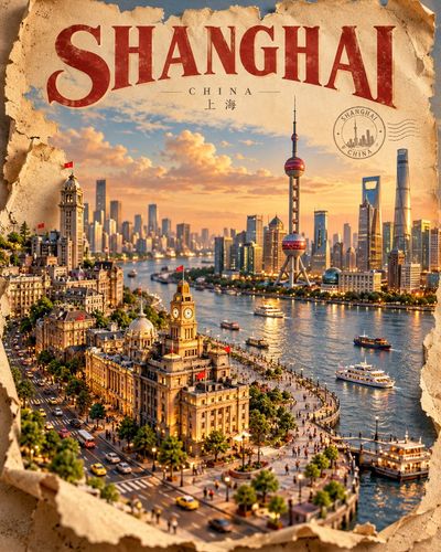 A miniature 3D travel poster emerges from torn paper with warm sunlight