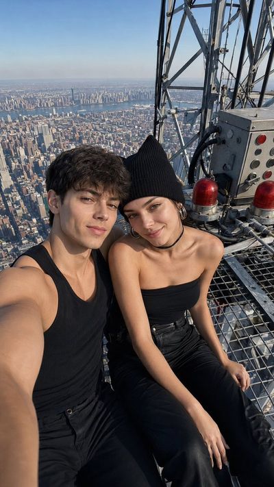 Couple sits on skyscraper edge with city far below