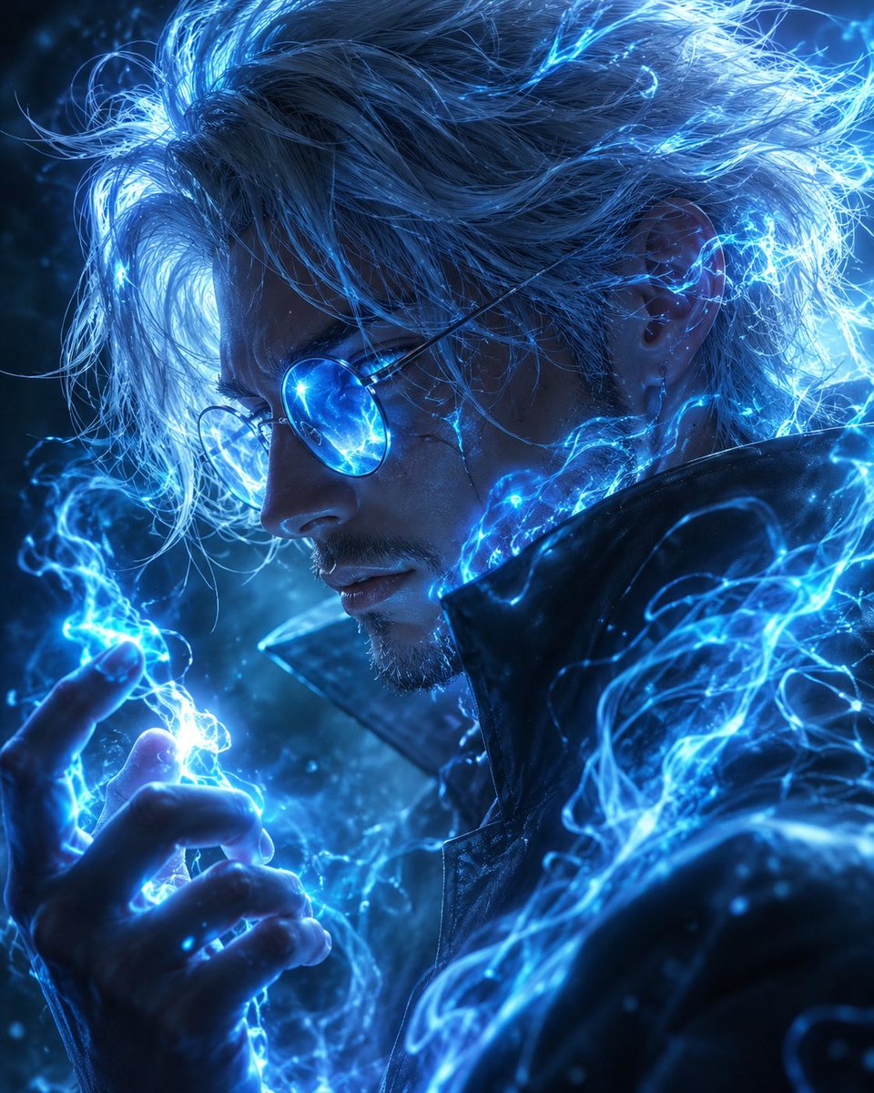 White-haired sorcerer channels electric-blue energy in a dark teal void