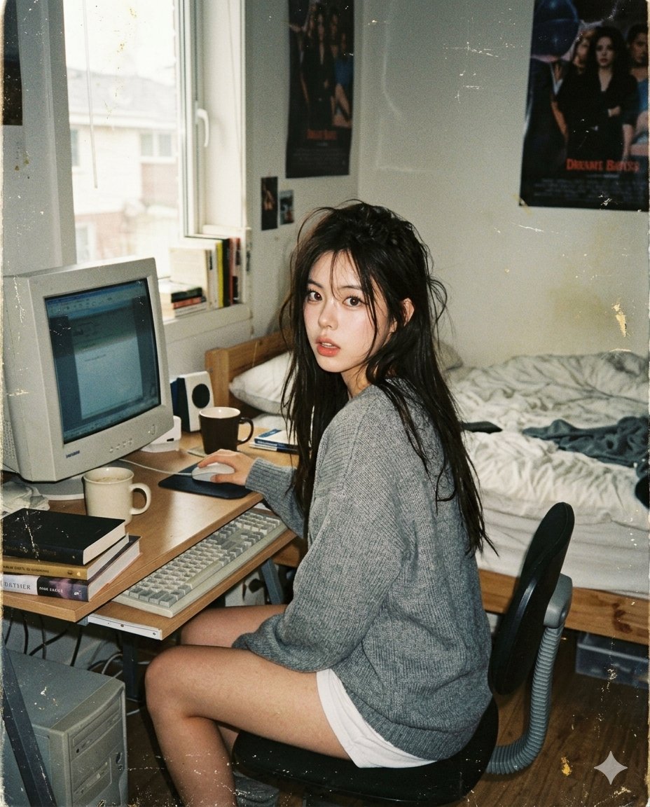 Woman pauses at computer desk in cozy 90s bedroom snapshot