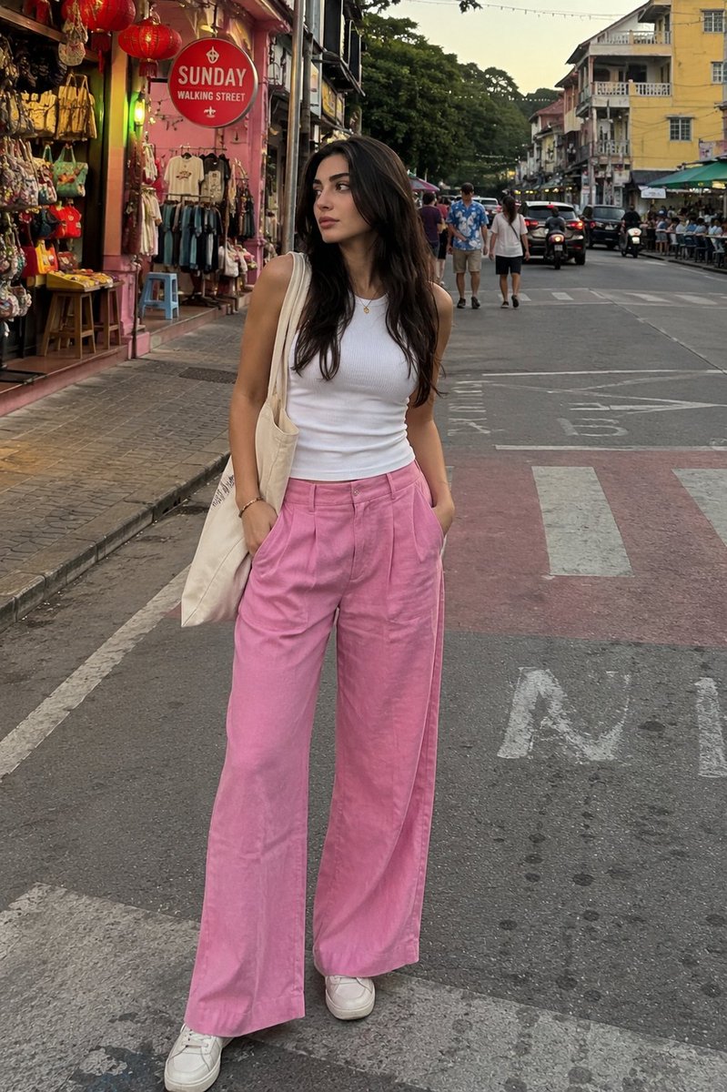 A woman in pink pants pets a tabby cat on a sunny street