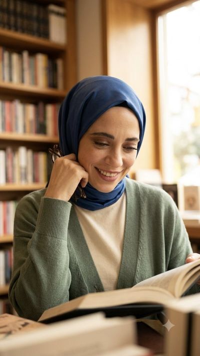 A smiling woman reads peacefully in a warm library