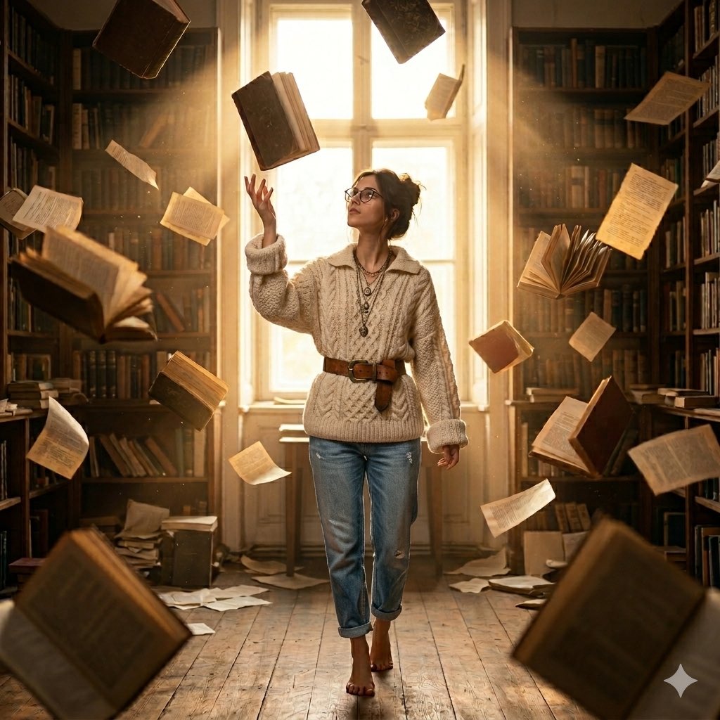 A man in white knitwear reaches for floating books in a sunlit library