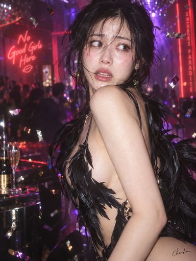 Flustered beauty in neon party is caught by surprise flash