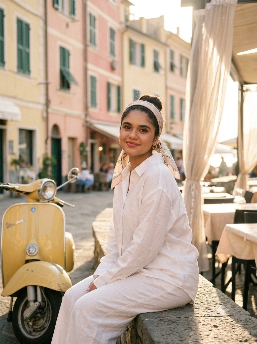 A relaxed woman sits by a yellow Vespa in golden Mediterranean light