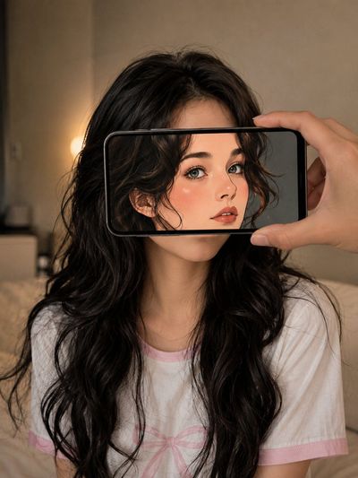 Anime portrait on smartphone replaces woman's face in cozy bedroom