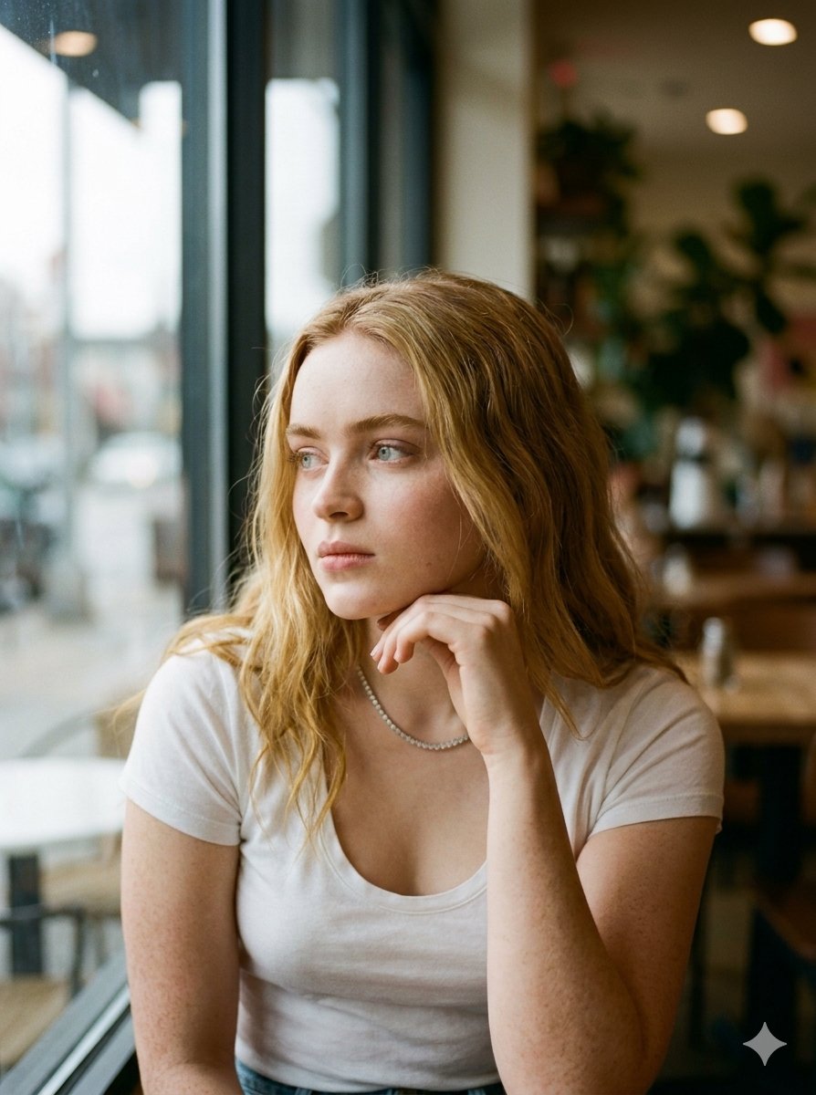Golden-haired woman rests her chin by a rain-streaked cafe window
