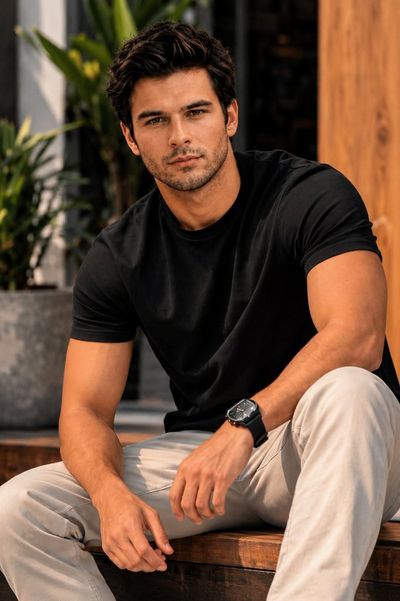 A handsome man sits on wooden stairs outside a luxury cafe.