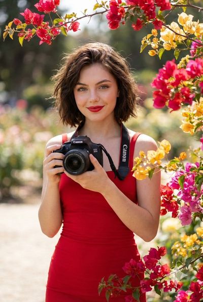 Candid Elegance: Red Dress and Camera