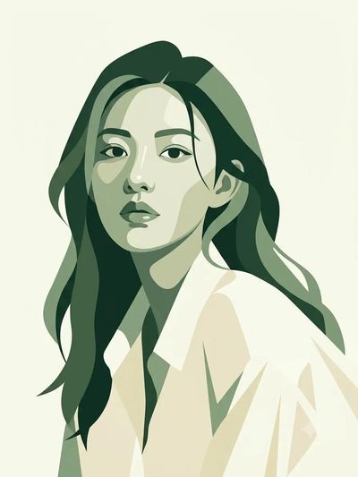 A serene portrait in forest green with geometric shadows