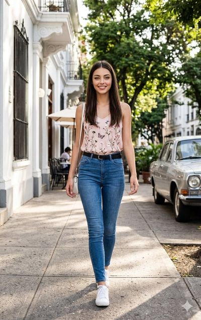 A smiling woman in embroidered pink top walks in sunlight.