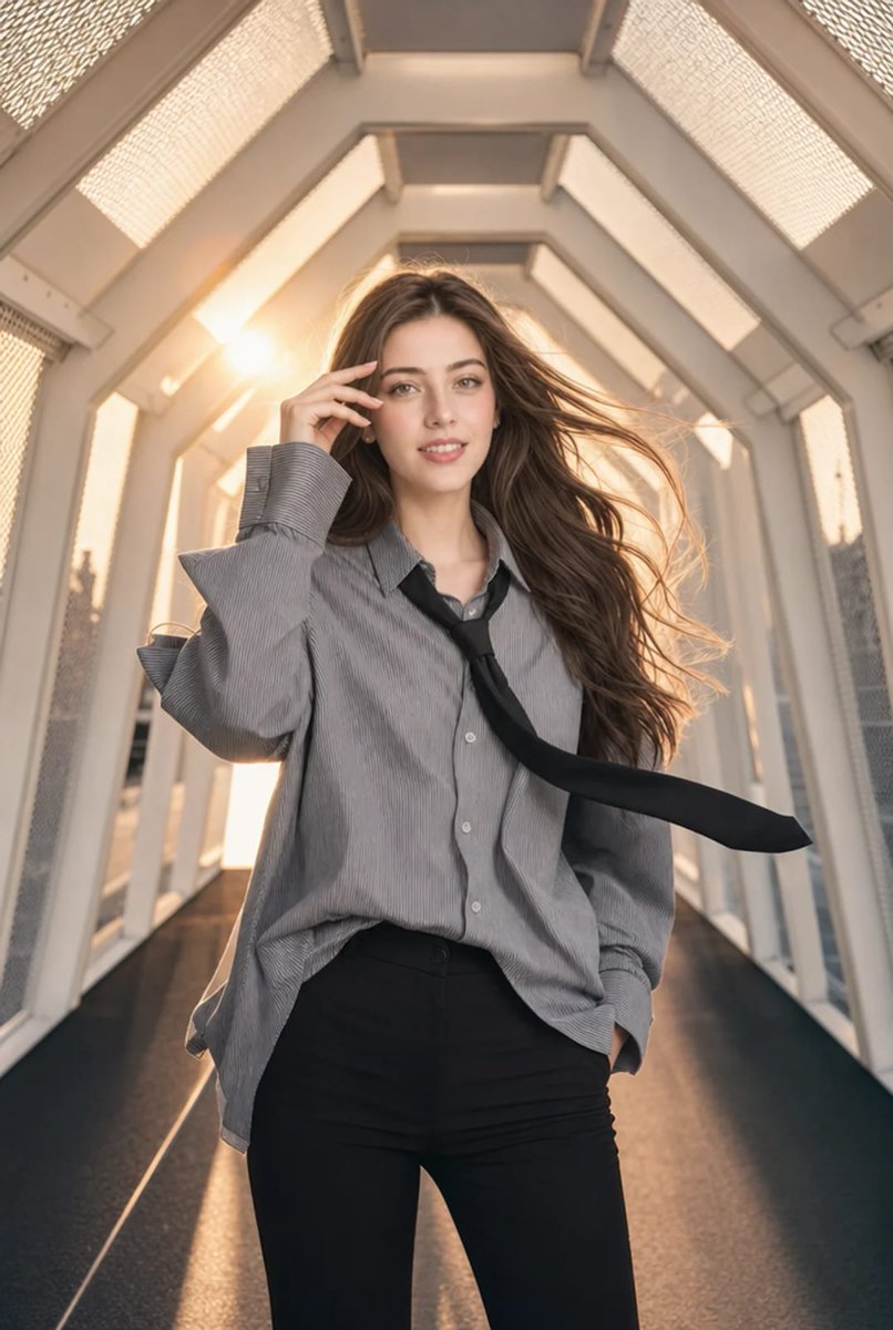 A confident woman poses in a futuristic hexagonal tunnel at sunset