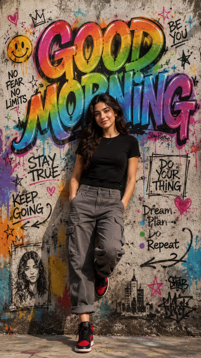 Confident woman in graffiti alley inspires with positive morning mural