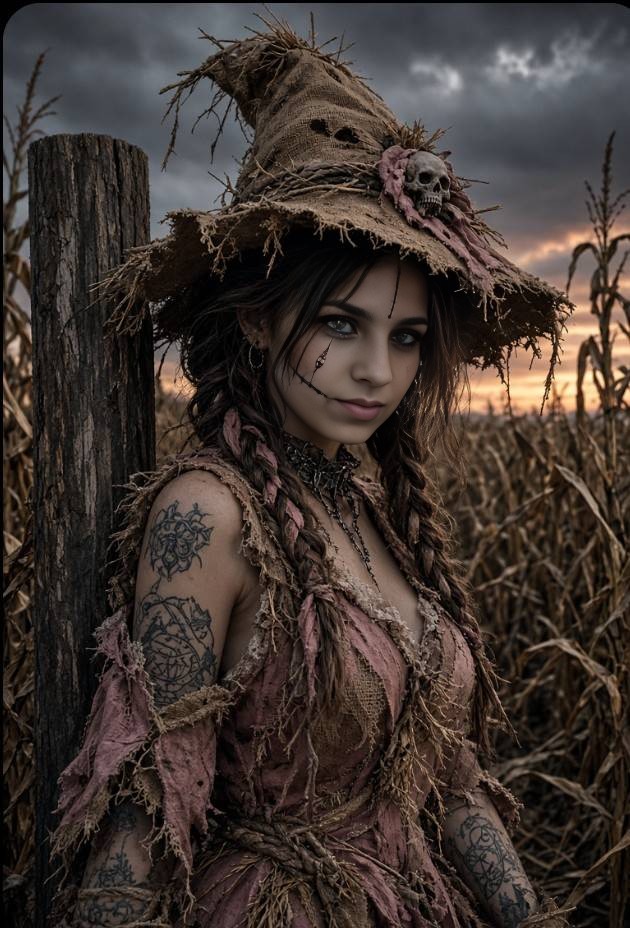 Scarecrow Witch Leans on Wooden Post in Cornfield at Sunset