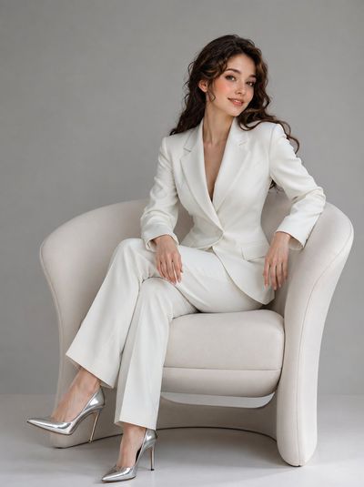 Korean beauty editorial woman poses gracefully on white chair